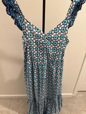Lucky Brand White Dress with Blue and Teal Floral Pattern